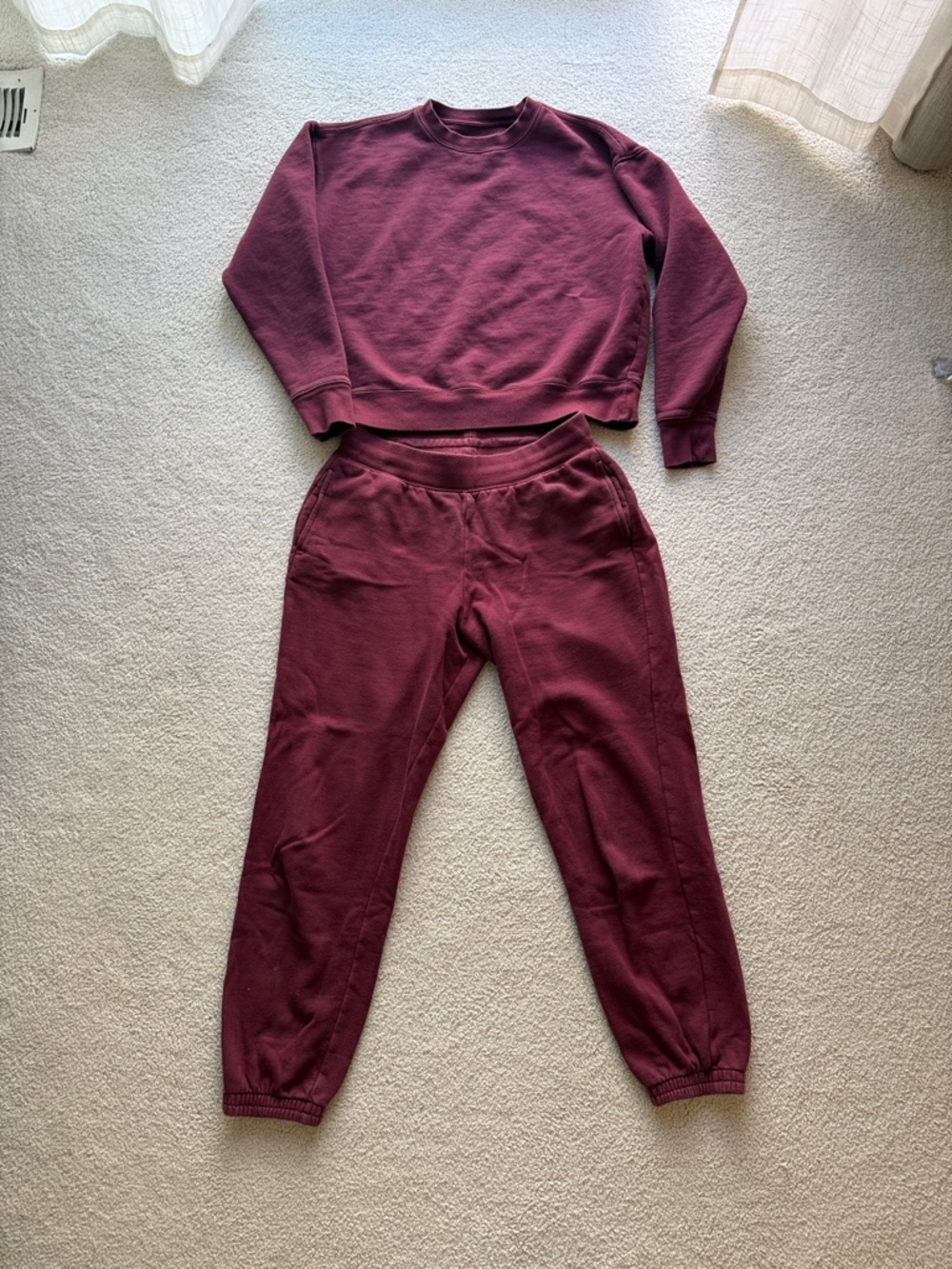 girlfriend collective maroon crewneck sweatshirt and sweatpant set